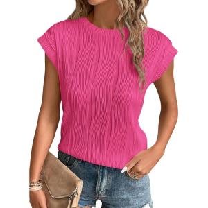 imagePRETTYGARDEN Blouses for Women Dressy Casual 2025 Spring Summer Business Office Tops Cap Sleeve Textured Cute Work ShirtRose Red