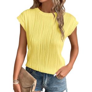 imagePRETTYGARDEN Blouses for Women Dressy Casual 2025 Spring Summer Business Office Tops Cap Sleeve Textured Cute Work ShirtTender Yellow