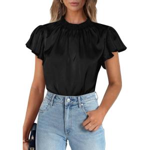 imagePRETTYGARDEN Business Casual Tops for Women Blouses Dressy 2025 Summer Short Sleeve Ruffle Satin Work Office AttireBlack
