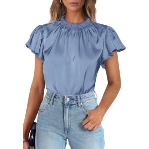 imagePRETTYGARDEN Business Casual Tops for Women Blouses Dressy 2025 Summer Short Sleeve Ruffle Satin Work Office AttireBlue
