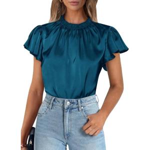 imagePRETTYGARDEN Business Casual Tops for Women Blouses Dressy 2025 Summer Short Sleeve Ruffle Satin Work Office AttireDark Sea Blue
