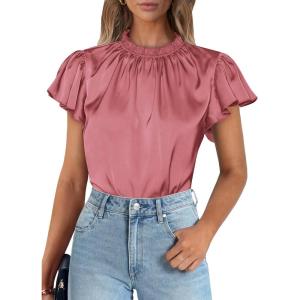 imagePRETTYGARDEN Business Casual Tops for Women Blouses Dressy 2025 Summer Short Sleeve Ruffle Satin Work Office AttireDusty Pink