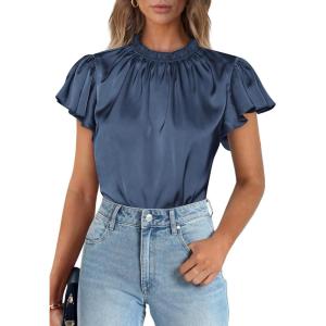 imagePRETTYGARDEN Business Casual Tops for Women Blouses Dressy 2025 Summer Short Sleeve Ruffle Satin Work Office AttireGrey Blue