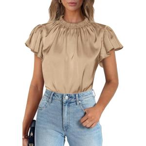 imagePRETTYGARDEN Business Casual Tops for Women Blouses Dressy 2025 Summer Short Sleeve Ruffle Satin Work Office AttireKhaki
