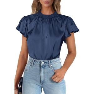 imagePRETTYGARDEN Business Casual Tops for Women Blouses Dressy 2025 Summer Short Sleeve Ruffle Satin Work Office AttireNavy
