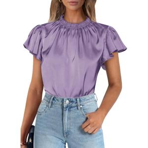 imagePRETTYGARDEN Business Casual Tops for Women Blouses Dressy 2025 Summer Short Sleeve Ruffle Satin Work Office AttirePurple