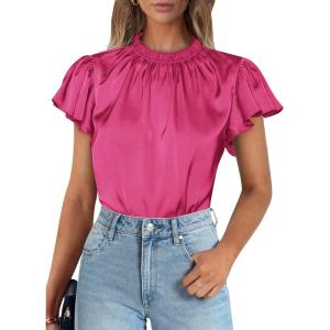 imagePRETTYGARDEN Business Casual Tops for Women Blouses Dressy 2025 Summer Short Sleeve Ruffle Satin Work Office AttireRose Red