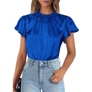 imagePRETTYGARDEN Business Casual Tops for Women Blouses Dressy 2025 Summer Short Sleeve Ruffle Satin Work Office AttireRoyal Blue