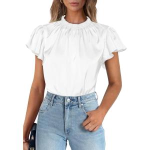 imagePRETTYGARDEN Business Casual Tops for Women Blouses Dressy 2025 Summer Short Sleeve Ruffle Satin Work Office AttireWhite