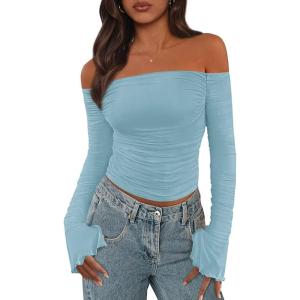 imagePRETTYGARDEN Fall Tops for Women 2025 Trendy Long Sleeve Crop Mesh Slim Fit Y2K Cute Shirts Going Out Off The Shoulder TopLight Blue