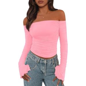 imagePRETTYGARDEN Fall Tops for Women 2025 Trendy Long Sleeve Crop Mesh Slim Fit Y2K Cute Shirts Going Out Off The Shoulder TopPink