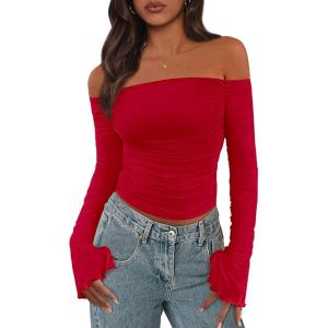 imagePRETTYGARDEN Fall Tops for Women 2025 Trendy Long Sleeve Crop Mesh Slim Fit Y2K Cute Shirts Going Out Off The Shoulder TopRed