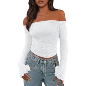 imagePRETTYGARDEN Fall Tops for Women 2025 Trendy Long Sleeve Crop Mesh Slim Fit Y2K Cute Shirts Going Out Off The Shoulder TopWhite
