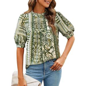 imagePRETTYGARDEN Floral Tops for Women Blouses Dressy Casual 2025 Summer Trendy Outfits Boho Pleated Short Sleeve ShirtsFloral Army Green