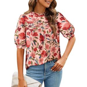 imagePRETTYGARDEN Floral Tops for Women Blouses Dressy Casual 2025 Summer Trendy Outfits Boho Pleated Short Sleeve ShirtsPink Red Flower