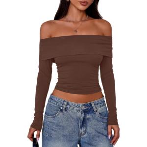 imagePRETTYGARDEN Off The Shoulder Tops for Women 2025 Long Sleeve Shirts Trendy Going Out Crop Top Spring Fashion ClothesCoffee