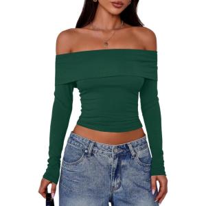 imagePRETTYGARDEN Off The Shoulder Tops for Women 2025 Long Sleeve Shirts Trendy Going Out Crop Top Spring Fashion ClothesDark Green