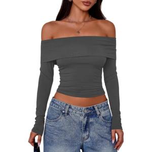 imagePRETTYGARDEN Off The Shoulder Tops for Women 2025 Long Sleeve Shirts Trendy Going Out Crop Top Spring Fashion ClothesDark Grey