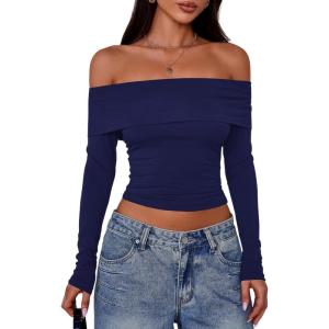 imagePRETTYGARDEN Off The Shoulder Tops for Women 2025 Long Sleeve Shirts Trendy Going Out Crop Top Spring Fashion ClothesNavy