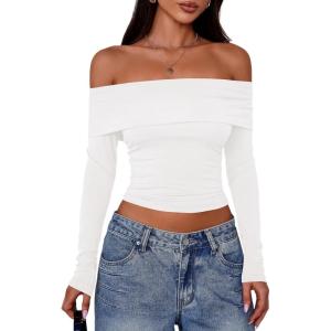 imagePRETTYGARDEN Off The Shoulder Tops for Women 2025 Long Sleeve Shirts Trendy Going Out Crop Top Spring Fashion ClothesWhite
