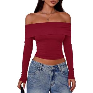 imagePRETTYGARDEN Off The Shoulder Tops for Women 2025 Long Sleeve Shirts Trendy Going Out Crop Top Spring Fashion ClothesWine Red