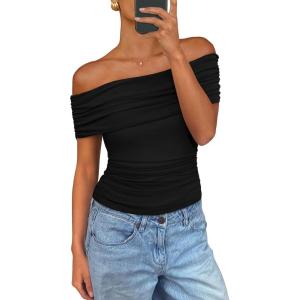 imagePRETTYGARDEN Summer Tops for Women 2025 Off Shoulder Short Sleeve Ruched Slim Fit Shirts Blouses Y2K Going Out TopBlack