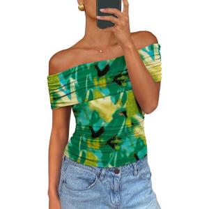 imagePRETTYGARDEN Summer Tops for Women 2025 Off Shoulder Short Sleeve Ruched Slim Fit Shirts Blouses Y2K Going Out TopFloral Green