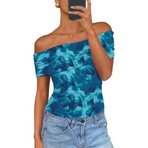 imagePRETTYGARDEN Summer Tops for Women 2025 Off Shoulder Short Sleeve Ruched Slim Fit Shirts Blouses Y2K Going Out TopFloral Lake Blue