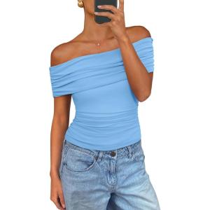 imagePRETTYGARDEN Summer Tops for Women 2025 Off Shoulder Short Sleeve Ruched Slim Fit Shirts Blouses Y2K Going Out TopLight Blue