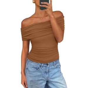 imagePRETTYGARDEN Summer Tops for Women 2025 Off Shoulder Short Sleeve Ruched Slim Fit Shirts Blouses Y2K Going Out TopLight Brown