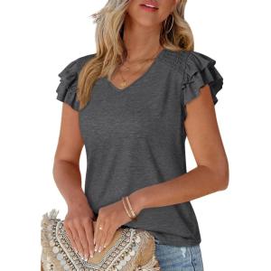 imagePRETTYGARDEN Summer Tops for Women 2025 Spring Trendy Fashion Clothes Casual Ruffle V Neck Short Sleeve Shirts BlousesDark Grey