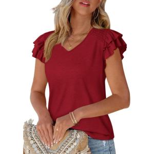 imagePRETTYGARDEN Summer Tops for Women 2025 Spring Trendy Fashion Clothes Casual Ruffle V Neck Short Sleeve Shirts BlousesWine Red