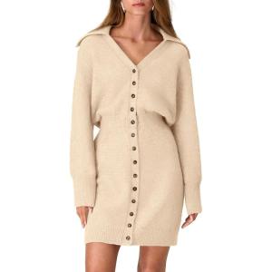 imagePRETTYGARDEN Sweater Dresses for Women 2025 Trendy Long Sleeve Button Down Short Mini Fall Winter DressBeige