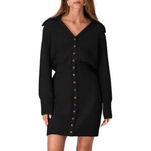 imagePRETTYGARDEN Sweater Dresses for Women 2025 Trendy Long Sleeve Button Down Short Mini Fall Winter DressBlack