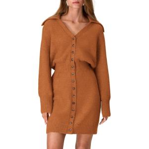 imagePRETTYGARDEN Sweater Dresses for Women 2025 Trendy Long Sleeve Button Down Short Mini Fall Winter DressBrick Red