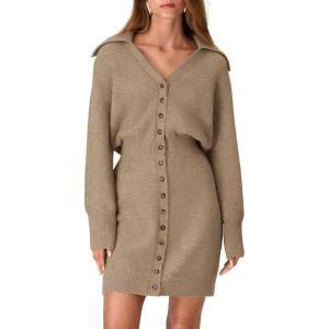 imagePRETTYGARDEN Sweater Dresses for Women 2025 Trendy Long Sleeve Button Down Short Mini Fall Winter DressCamel