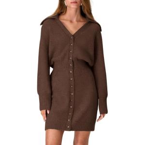 imagePRETTYGARDEN Sweater Dresses for Women 2025 Trendy Long Sleeve Button Down Short Mini Fall Winter DressCoffee