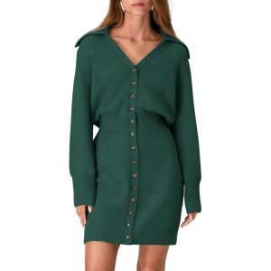 imagePRETTYGARDEN Sweater Dresses for Women 2025 Trendy Long Sleeve Button Down Short Mini Fall Winter DressDark Green