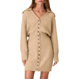 imagePRETTYGARDEN Sweater Dresses for Women 2025 Trendy Long Sleeve Button Down Short Mini Fall Winter DressKhaki