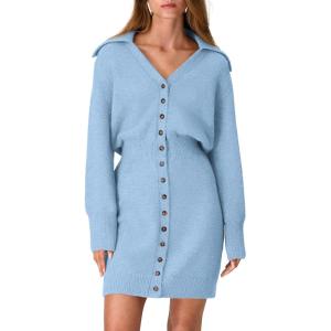 imagePRETTYGARDEN Sweater Dresses for Women 2025 Trendy Long Sleeve Button Down Short Mini Fall Winter DressLight Blue