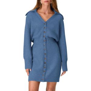 imagePRETTYGARDEN Sweater Dresses for Women 2025 Trendy Long Sleeve Button Down Short Mini Fall Winter DressMist Blue