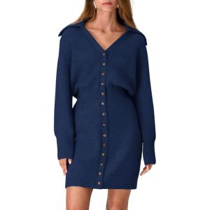 imagePRETTYGARDEN Sweater Dresses for Women 2025 Trendy Long Sleeve Button Down Short Mini Fall Winter DressNavy