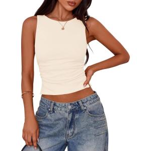 imagePRETTYGARDEN Women Going Out Tops Summer Clothes 2025 Trendy Split Hem Ruched Sleeveless Shirt Cute Y2K Tank TopApricot