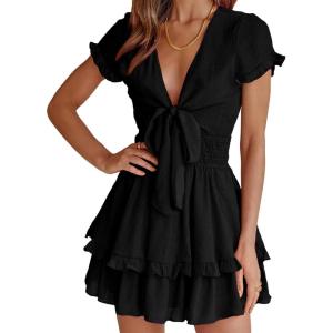 imagePRETTYGARDEN Women Summer Short Dress 2025 Casual V Neck Short Sleeve Tiered Bow Mini Sun Dresses Beach Vacation SundressBlack