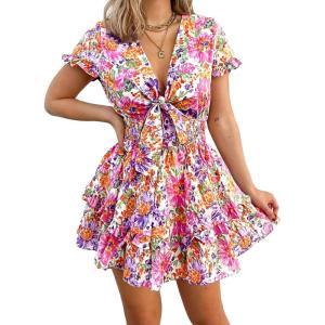 imagePRETTYGARDEN Women Summer Short Dress 2025 Casual V Neck Short Sleeve Tiered Bow Mini Sun Dresses Beach Vacation SundressFloral White