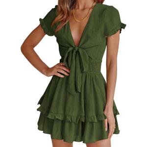 imagePRETTYGARDEN Women Summer Short Dress 2025 Casual V Neck Short Sleeve Tiered Bow Mini Sun Dresses Beach Vacation SundressOlive Green