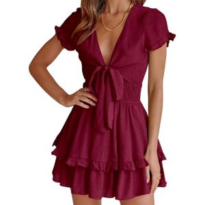 imagePRETTYGARDEN Women Summer Short Dress 2025 Casual V Neck Short Sleeve Tiered Bow Mini Sun Dresses Beach Vacation SundressWine Red