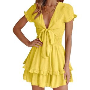 imagePRETTYGARDEN Women Summer Short Dress 2025 Casual V Neck Short Sleeve Tiered Bow Mini Sun Dresses Beach Vacation SundressYellow