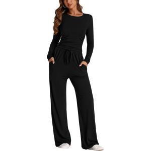 imagePRETTYGARDEN Womens 2 Piece Outfits Fall Tracksuits Long Sleeve Crop Tops Wide Leg Pants Spring Matching Lounge Travel SetsBlack