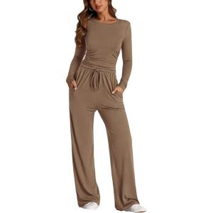 imagePRETTYGARDEN Womens 2 Piece Outfits Fall Tracksuits Long Sleeve Crop Tops Wide Leg Pants Spring Matching Lounge Travel SetsCamel